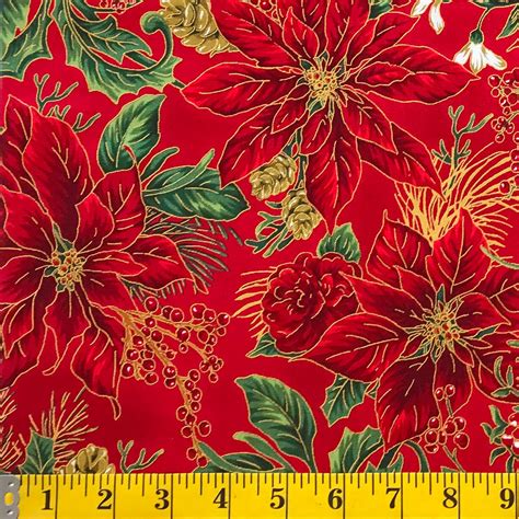 red and white poinsettia fabric with gold metallic|christmas poinsettia cotton fabric.